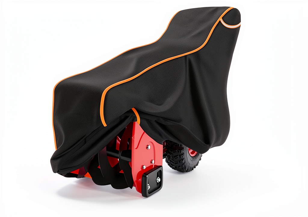 XXCXX Snow Blower Cover installed on a snow blower in a garage