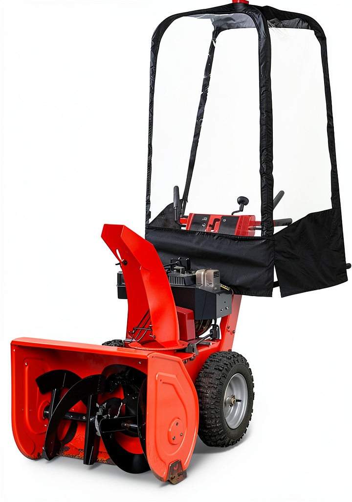 Guide Gear Snow Blower Cab installed on a snow thrower in a snowy driveway
