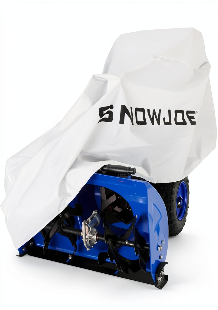 Snow Joe snow blower cover installed on a 24-inch model in a snowy yard