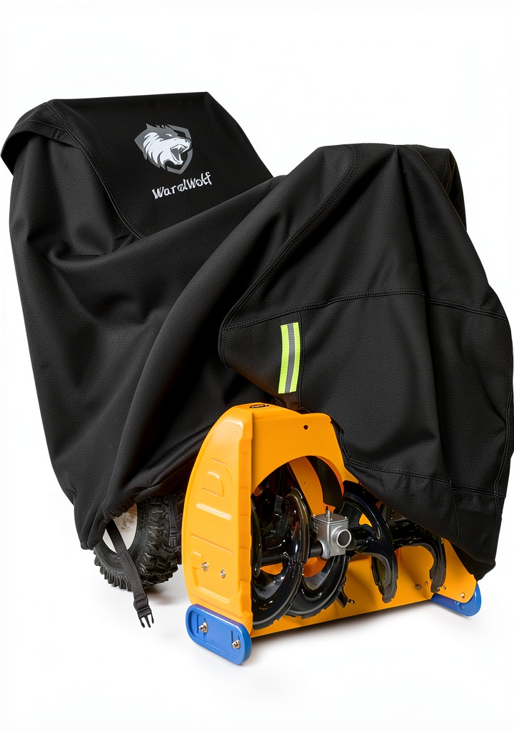WardWolf Snow Blower Cover fully installed on a snow blower in a snowy yard