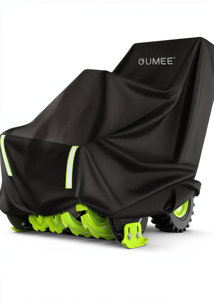 OUMEE Snow Blower Cover installed on a snow blower in a snowy yard