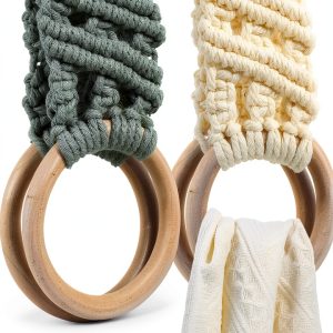Knit Kitchen Towel Holder Matwsec Boho Crochet 2 Hooks Beige Green-0