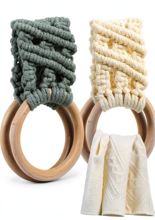 Knit Kitchen Towel Holder Matwsec Boho Crochet 2 Hooks Beige Green-0